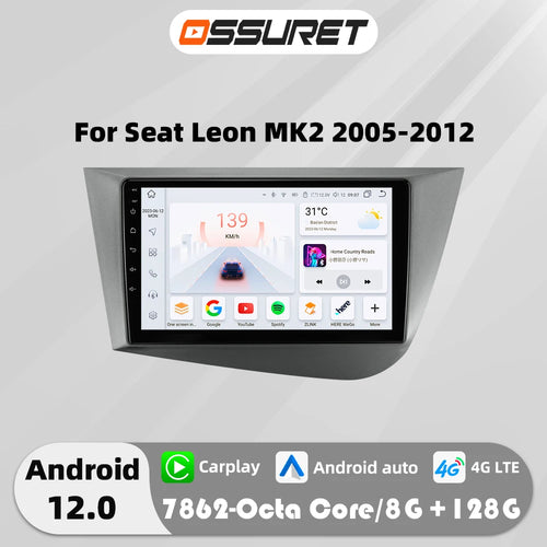 8G 128G 安卓 12 多媒体播放器 适用于 西雅特 Leon Mk2 2005-2012 汽车收音机 立体声 Carplay GPS 导航 音响 7862 八核 主机