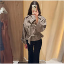 Chic Grid Belt Women's Coat Double Breasted Lapel Lace-Up Long Sleeve Lady Coats 2026 Autumn Fashion Female Vintage Jacket Lady