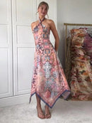Chic Printed Women's Dress Halter Sleeveless Irregular Waist-Closed Lady Dresses 2026 Summer Chic Female Vacation Holiday Robe