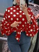女装波点衬衫上衣 黑色腰带 长泡泡袖 白色红色大码 XXXL 女士时尚休闲春秋夏季衬衫