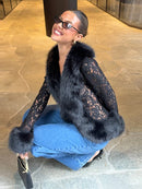 Sexy Lace Patchwork Women's Fur Coat V-Neck Full Sleeve Waist-Closed Lady Coats 2026 Autumn Winter Chic Female Streetwear