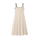 Women Midi Dress Female Casual Suspender Dress Color Contrasting Edge 2025 Summer Ladies Slim Square Collar Elegant Long Dresses