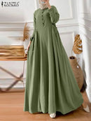 ZANZEA Eid Mubarek Abaya Muslim Long Dress Women Long Sleeve Maxi Sundress Robe Femme Turkey Hijab Vestidos Islamic Clohting