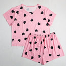 Plus Size XL-5XL Oversized Sleepwear Round Neck Women's Pajamas Sets Short Sleeve T-Shirt Shorts Pink Heart Print Loungwear 2PC