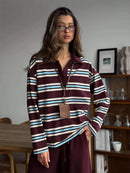Bornladies Spring Summer New Women's Retro Striped Polo Collar Oversized Long Sleeve T - Shirt Trendy Casual Loose Basic Top