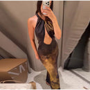 Vintage Floral Printed Midi Dress Women Backless Satin Halter Cutout Bodycon Split Hem Party Dresses 2026 Summer Elegant Gown