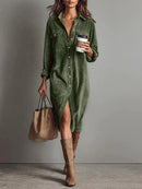 Retro Chic Women Midi Dress Corduroy Fabric Lapel Collar Popular Button Front Loose Fit Long Sleeve Comfy Casual Daily Outfit