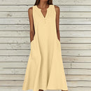 Breathable Summer Women Midi Dress Linen Blend Notch V Neck Dress Button Sleeveless Loose Fit Dresses Comfy Casual Beach Outfit