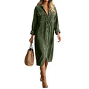 Retro Chic Women Midi Dress Corduroy Fabric Lapel Collar Popular Button Front Loose Fit Long Sleeve Comfy Casual Daily Outfit