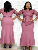4XL 5XL Plus Size Christmas Dresses Women O Neck 3/4 Sleeve Long Maxi Dress Fashion Lace Patchwork Night Party Dress Vestidos