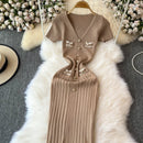 Elegant Knitted Long Dress Women Summer V Neck Single Breatsed Short Sleelve Bodycon Dresses Fashion Party Office Lady Vestidos
