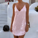 Fashion Women's Sequined Patchwork Slip Dress Solid V-neck High Waist Loose Sleeveless Mini Skirt 2026 Summer Sexy Party Dresses