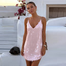 Fashion Women's Sequined Patchwork Slip Dress Solid V-neck High Waist Loose Sleeveless Mini Skirt 2026 Summer Sexy Party Dresses
