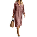 Retro Chic Women Midi Dress Corduroy Fabric Lapel Collar Popular Button Front Loose Fit Long Sleeve Comfy Casual Daily Outfit
