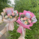 Genuine Sanrio Plush Toy My Melody Kuromi Cinnamoroll Hellokitty With Crochet Flowers Handmade Bouquets Christmas Birthday Gifts