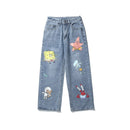 Men and Women Straight Loose Autumn Korean Style Cartoon Printed Jeans Pants Street Hip-hop Handsome Nine-point Pants Fashion