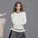 ELFSACK Elegant Slim Fit Long Sleeve T Shirt with Lace Trim Hem, Vintage Palace Style Solid Top for Women