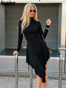 Nsauye Casual Women Pullover Turtleneck Black Elegant Long Sleeve Midi Dress Ruffles Sexy Party Evening Night Club Dress 2026
