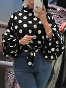 女装波点衬衫上衣 黑色腰带 长泡泡袖 白色红色大码 XXXL 女士时尚休闲春秋夏季衬衫