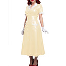 Elegant Women Midi Dress Shiny PVC Leather Turn-down Collar Patchwork Single-Breasted Long Dress Party Club  A-line Female Dress