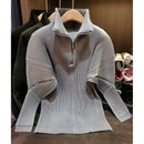 Miyake Pleated Sweatshirt Pit Stripe Zipper Standing Collar Jacket Women 2025 New Casual Pullover Hundred Pleat Skinny Tops