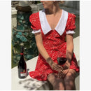 Red Floral Print Peter Pan Collar Dress Women Puff Sleeve V-neck High Waist A-line Mini Dresses Lady Evening Dinner Vestido 2026