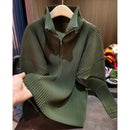 Miyake Pleated Sweatshirt Pit Stripe Zipper Standing Collar Jacket Women 2025 New Casual Pullover Hundred Pleat Skinny Tops