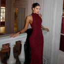 2026 Women's Elegant Shiny Red Sleeveless Long Dress Sexy Slim Bodycon Sequin Maxi Gown for Party Fashion Solid Color Robe