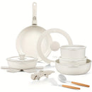 17 Piece Nonstick Skillet and Saucepan Set with Silicone Lid and Utensils Induction, Detachable Handle, Oven Available, Beige
