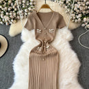 Elegant Knitted Long Dress Women Summer V Neck Single Breatsed Short Sleelve Bodycon Dresses Fashion Party Office Lady Vestidos