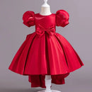Fashion Solid Color Girl Evening Gown Short Sleeve Bow Kids Dresses for Girls Summer Girls Party Dress 1-10 Years