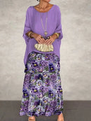 Female Elegant Floral Print Chiffon Boho Long Dress Spring Round Neck Women Pullover Dress Half Bat Sleeve Cake Skirt Dress