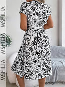 Msfilia Women's Spring Summer V Neck Short Sleeve Button Print A Line All Match Causal Long Dresses