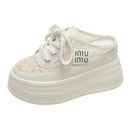 9.5cm Increasing Height Women Slippers 2024New Summer Autumn Canvas Mules Shoes Ladies Round Toe High Wedge Platform Slides Shoe
