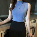 女式衬衫 Blusas Mujer De Moda 2023 夏季无袖针织衬衫女上衣高领衬衫女式衬衫 E405