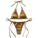Sexy Women's Metallic Halter Top Two Piece Swimsuit Tie Side Triangle Bikini Summer Solid Bathing Suit Beachwear Bikini Set