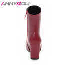 ANNYMOLI粗高跟短靴方头冬季靴女短靴拉链女士秋鞋白色黑色红色尺码33-43