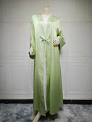 Muslim Women Pink Satin Kimono Abaya Damen Dubai Elegant Luxury Kaftan Modest Dress Islam Caftan Marocain Robe Femme Musulmane