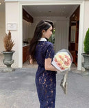 The Nocturne | Navy Lace Patchwork Retro Midi Dress