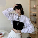 Female Cut Out Crop Top Hoodie Long Sleeve Hooded Pullover Sweatshirt Drop Shoulder Drawstring Hoodie Crop Jumper-Top