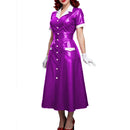 Elegant Women Midi Dress Shiny PVC Leather Turn-down Collar Patchwork Single-Breasted Long Dress Party Club  A-line Female Dress