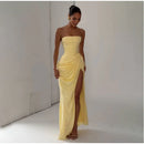 The Aurelian | Butter Yellow Mesh-Spliced Asymmetric Evening Gown