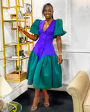 The Boardroom Hour | Satin Contrast Blazer Dress with Puff Sleeves, Mid-Calf