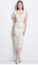 Luxury Crystal Chain Lace Formal Dress Women Summer Vacation Short Sleeve Single Breasted Bead Lace Pencil Long Dresses Evening