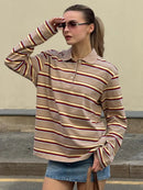 Bornladies Spring Summer New Women's Retro Striped Polo Collar Oversized Long Sleeve T - Shirt Trendy Casual Loose Basic Top