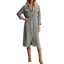Retro Chic Women Midi Dress Corduroy Fabric Lapel Collar Popular Button Front Loose Fit Long Sleeve Comfy Casual Daily Outfit