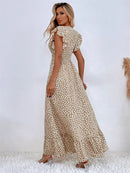 Msfilia V-neck Lotus Leaf Edge Elegant Dress Women Spring Summer Printed Long Dress