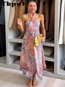 Chic Printed Women's Dress Halter Sleeveless Irregular Waist-Closed Lady Dresses 2026 Summer Chic Female Vacation Holiday Robe