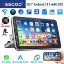 ESSGOO 10英寸安卓14 4+64G 无线Carplay车载音响 可旋转触摸屏 1 DIN GPS导航 蓝牙 FM RDS WIFI USB EQ SWC 麦克风