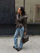 Women Fashion V-neck Lapel Belt Leather Jacket Chic Lace Up High Waist Full Sleeve Overcoat 2025 Lady Autumn High Street Outwear